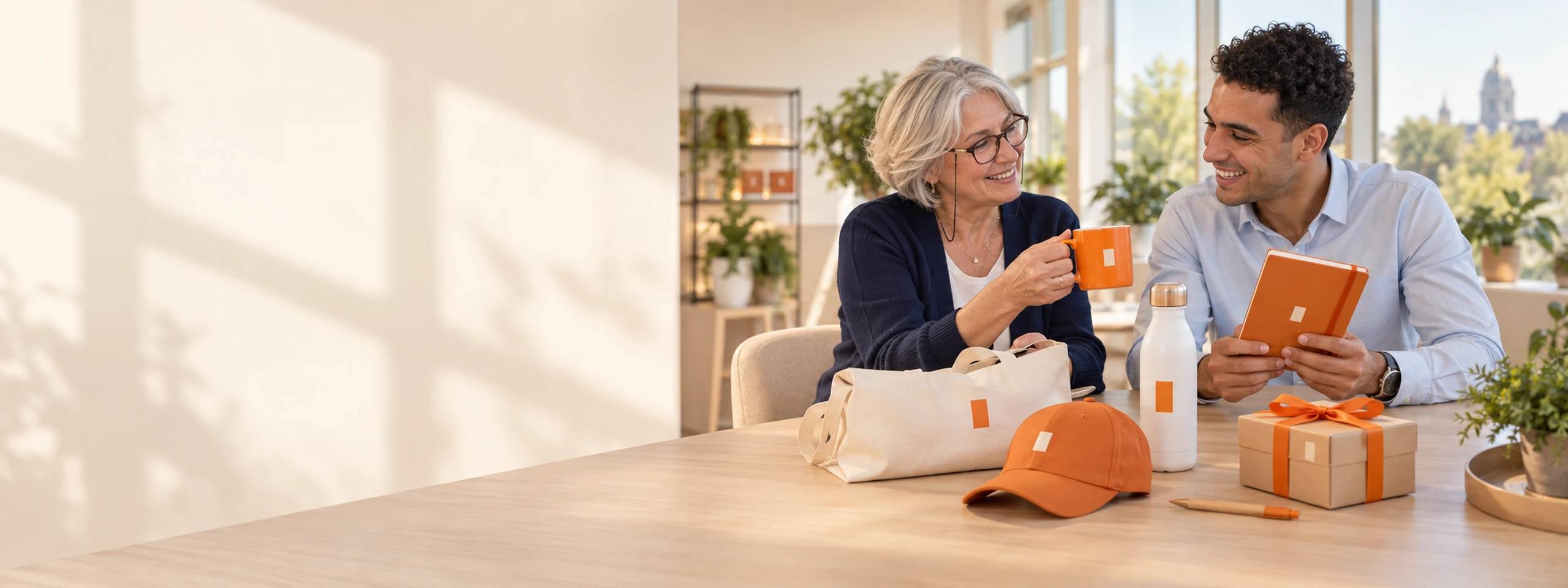 Accountmanager en klant aan tafel met oranje relatiegeschenken